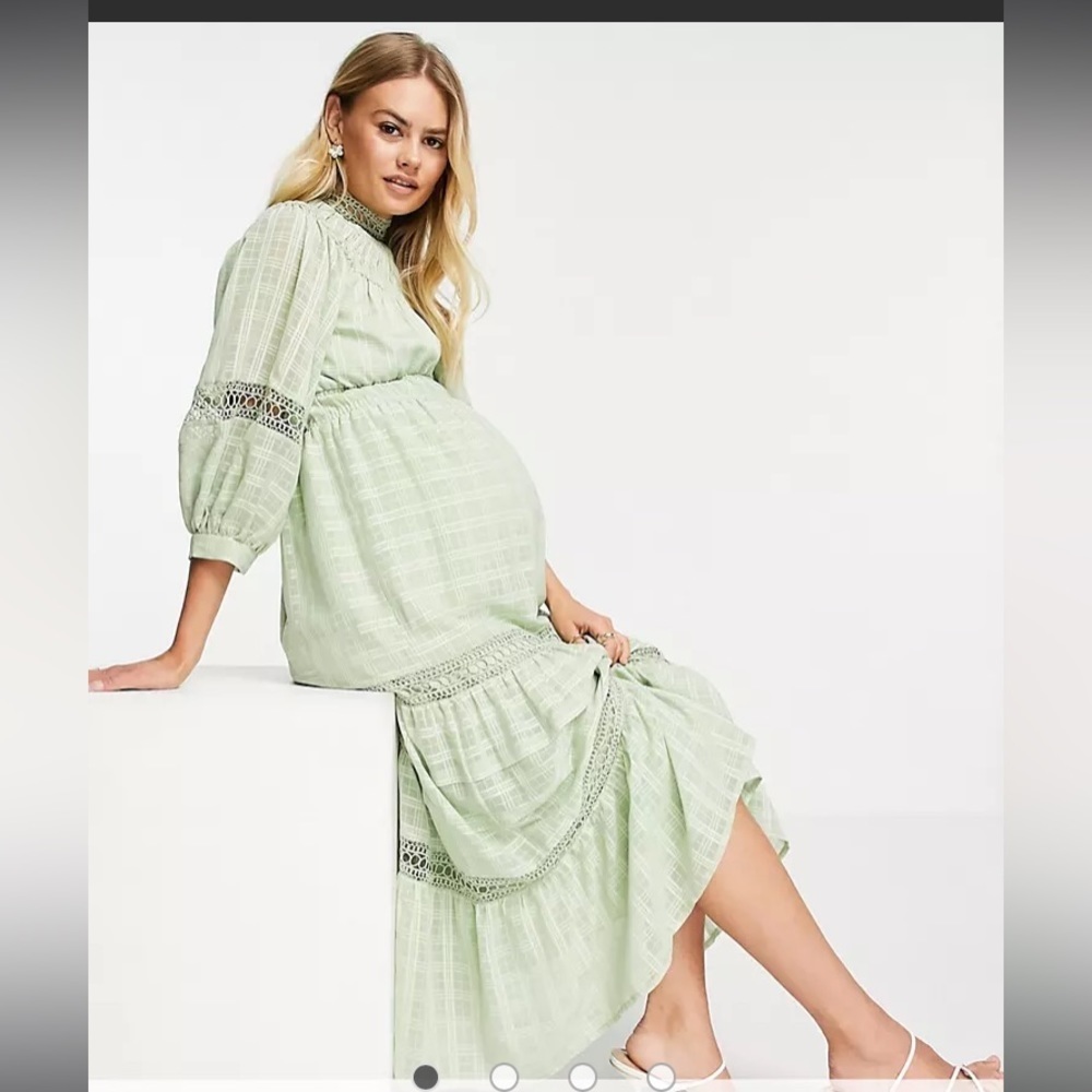 ASOS Maternity high neck midi dress lace  in grid texture in sage green size 8